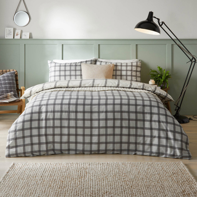 furn. Canberra King Size Grey and Neutral Check Printed Duvet Set - Wilko - image 1