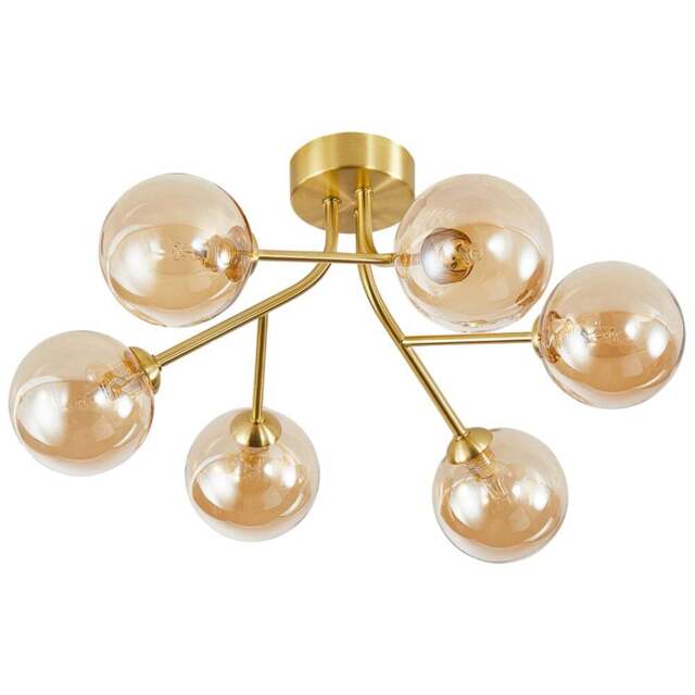 Happy Homewares 6 Arm Satin Gold Ceiling Light Fixture with Amber Tinted Glass Shade - Size: 22 x 44 x 44cm - Wilko - image 1