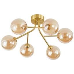 Happy Homewares 6 Arm Satin Gold Ceiling Light Fixture with Amber Tinted Glass Shade - Size: 22 x 44 x 44cm - Wilko
