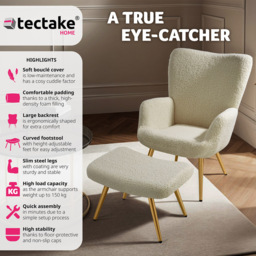 tectake Hygge Cream and Gold Boucle Armchair with Stool - Size: Single - Wilko - thumbnail 4
