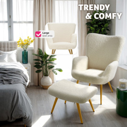 tectake Hygge Cream and Gold Boucle Armchair with Stool - Size: Single - Wilko - thumbnail 6