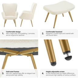 tectake Hygge Cream and Gold Boucle Armchair with Stool - Size: Single - Wilko - thumbnail 7