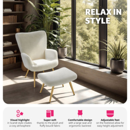 tectake Hygge Cream and Gold Boucle Armchair with Stool - Size: Single - Wilko - thumbnail 5