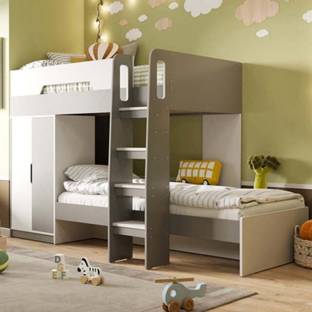 Flair Benito White and Grey Wooden Bunk Bed with Wardrobe - Size: Single - Multi - Wilko - image 1