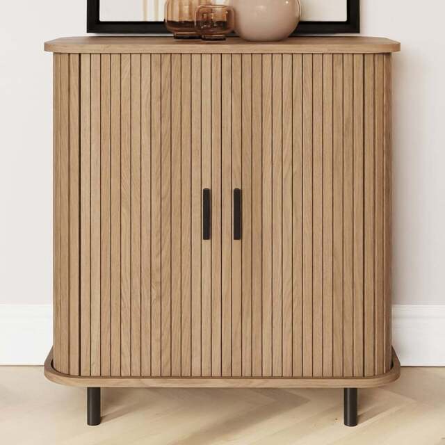 GFW Omari 2 Tambour Sliding Door Oak Slatted Compact Sideboard - Size: 85 x 80 x 40cm - Wilko - image 1