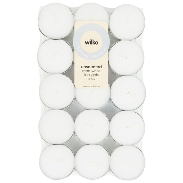 Pack of 15 White Unscented Maxi Tealights White - Wilko - image 1