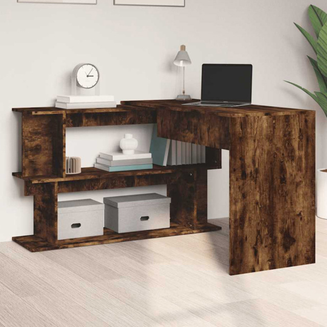vidaXL 2 Shelf Rotatable Corner Office Desk Smoked Oak - Size: 76 x 200 x 50cm - Brown - Wilko - image 1