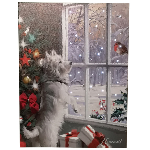 Samuel Alexander Snowtime Festive Dog and Robin Christmas Light Up Wall Art 30 x 40cm - Size: 40 x 30 x 30cm - Multi - Wilko - image 1