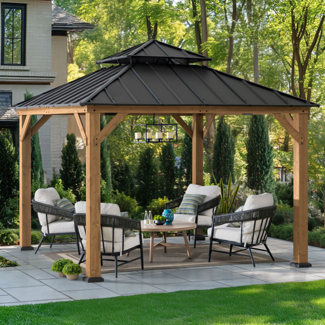Sunjoy 3.3 x 3.3m Anthracite Cedar Wooden Gazebo with 2 Tier Steel Roof - Black - Wilko - image 1