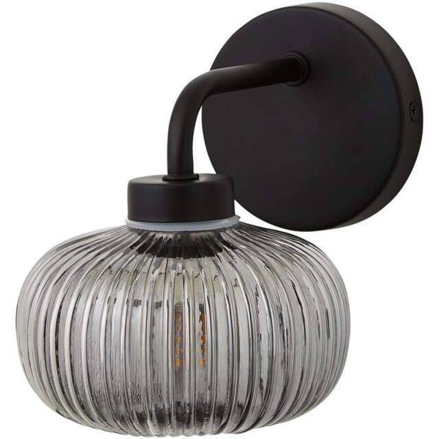 ValueLights Amaia Matt Black Smoked Ribbed Glass LED Wall Light - Size: 15 x 12.5 x 17.5cm - Wilko - image 1