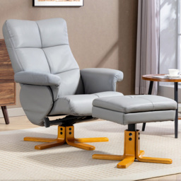 Portland Light Grey PU Leather Wooden Base Swivel Recliner Chair with Ottoman - Size: Single - Wilko