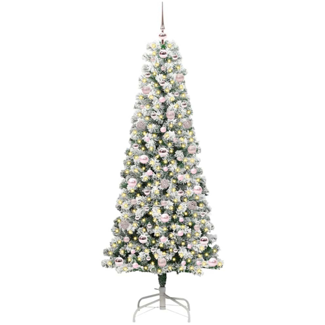 vidaXL Pre-Lit Warm White LED and Pink Baubles Snow Flocked Artificial Christmas Tree 5.9ft - Green - Wilko - image 1