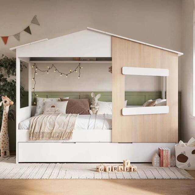 Flair Dreamland White and Oak Play House Bed Frame with Trundle - Size: Single - Wilko - image 1