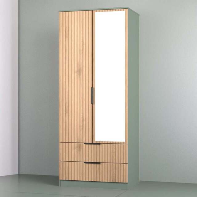 Crowndale Java 2 Door 2 Drawer Slatt Effect and Reed Green Mirror Wardrobe - Size: 2 Door, 2 Drawer - Wilko - image 1