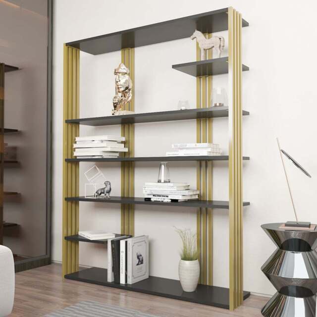 Decorotika Jeni 6 Shelf Anthracite and Gold Bookcase - Size: 160 x 120 x 29.6cm - Multi - Wilko - image 1