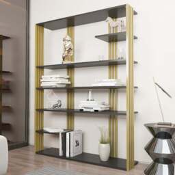 Decorotika Jeni 6 Shelf Anthracite and Gold Bookcase - Size: 160 x 120 x 29.6cm - Multi - Wilko