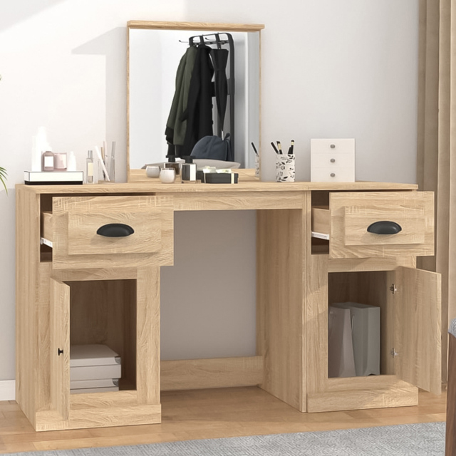 vidaXL 2 Door 2 Drawer Sonoma Oak Wooden Dressing Table with Mirror - Size: 132.5 x 130 x 50cm - Brown - Wilko - image 1
