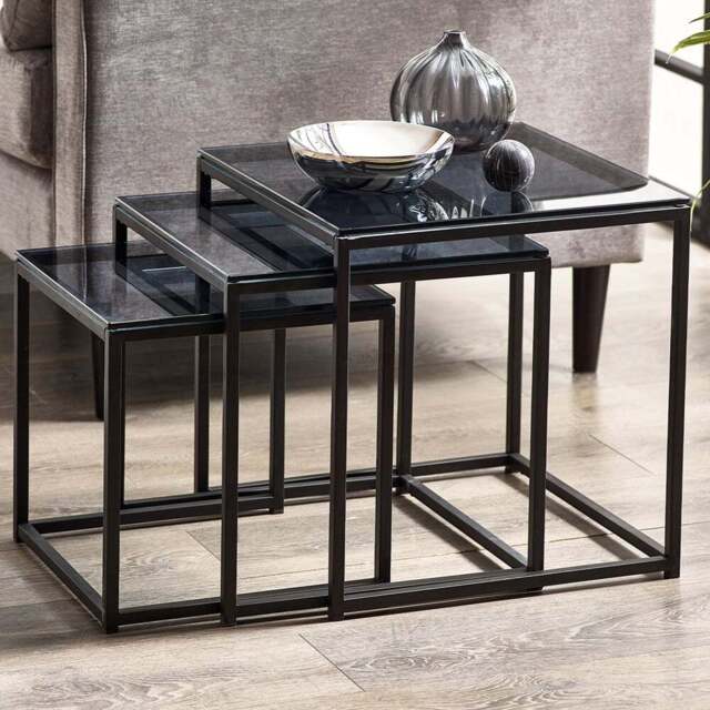 Julian Bowen Chicago Smoked Glass Nest of Tables Set of 3 - Size: 45 x 45 x 45cm - Black - Wilko - image 1