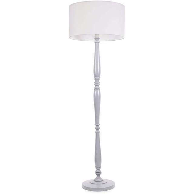 ValueLights Victoria White Fabric Drum Shade Grey Wood Traditional Stem LED Floor Lamp - Size: 157 x 45 x 45cm - Wilko - image 1