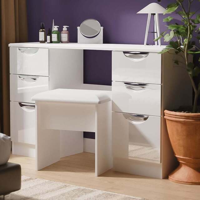 Crowndale Camden 6 Drawer White Gloss and White Kneehole Desk Ready Assembled - Size: 80 x 128 x 42cm - White Gloss & White - Wilko - image 1