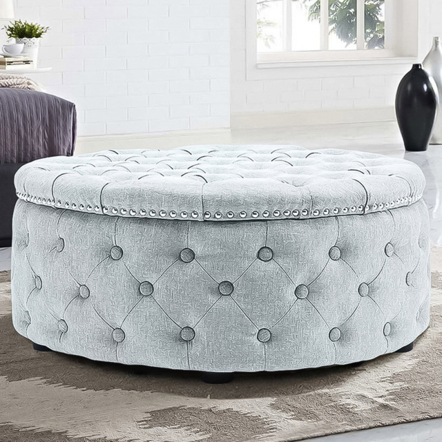 Living and Home Grey White Linen Round Buttoned Ottoman with Studded Edge - Size: 35 x 75 x 75cm - Wilko - image 1