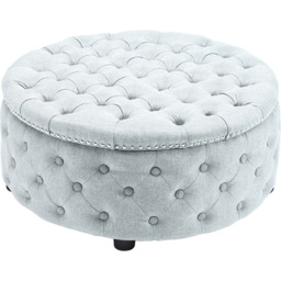 Living and Home Grey White Linen Round Buttoned Ottoman with Studded Edge - Size: 35 x 75 x 75cm - Wilko - thumbnail 3
