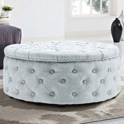 Living and Home Grey White Linen Round Buttoned Ottoman with Studded Edge - Size: 35 x 75 x 75cm - Wilko