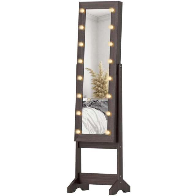 HOMCOM Dark Brown Freestanding LED Mirrored Jewellery Cabinet - Size: 14.5 x 38.5 x 113cm - Wilko - image 1