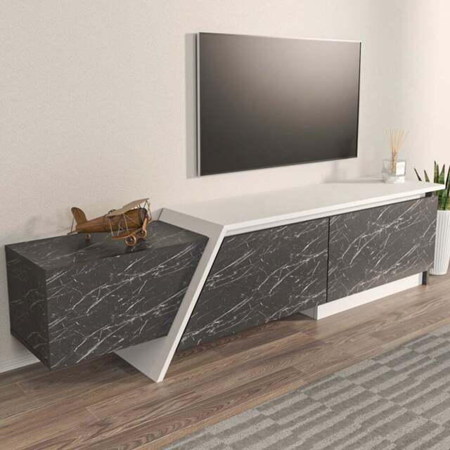 Decorotika Zonas 3 Door White and Black Marble Effect TV Unit - Size: 45 x 180 x 35cm - Multi - Wilko - image 1