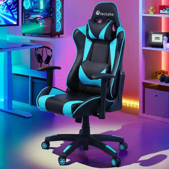 tectake Stealth Black and Azure Gaming Chair - Size: 125 x 68 x 69cm - Wilko - image 1
