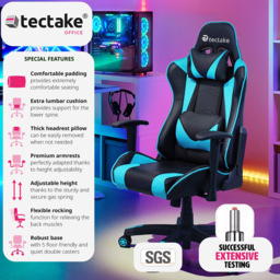 tectake Stealth Black and Azure Gaming Chair - Size: 125 x 68 x 69cm - Wilko - thumbnail 4