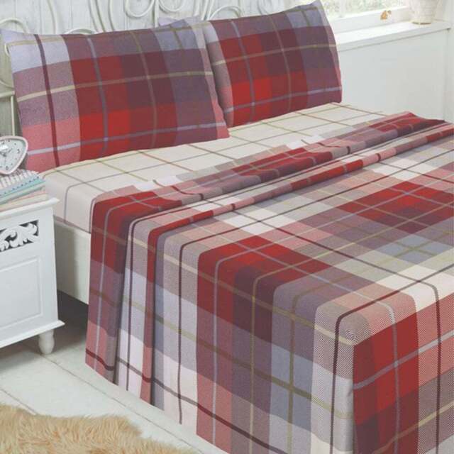 Serene Lomond Double Red Brushed Cotton Check Flannelette Fitted Bed Sheet - Wilko - image 1