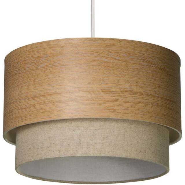 Lighting Collection 2 Tier Wood Veneer Ceiling Lamp Shade - Size: 18 x 37 x 37cm - Natural Wood, Linen and White - Wilko - image 1