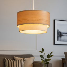 Lighting Collection 2 Tier Wood Veneer Ceiling Lamp Shade - Size: 18 x 37 x 37cm - Natural Wood, Linen and White - Wilko - thumbnail 3