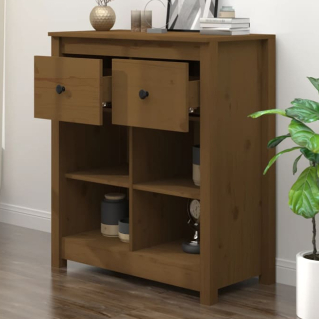 vidaXL 2 Drawer 4 Shelf Honey Brown Solid Pine Wood Sideboard - Size: 80 x 70 x 35cm - Wilko - image 1