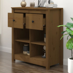 vidaXL 2 Drawer 4 Shelf Honey Brown Solid Pine Wood Sideboard - Size: 80 x 70 x 35cm - Wilko - thumbnail 1