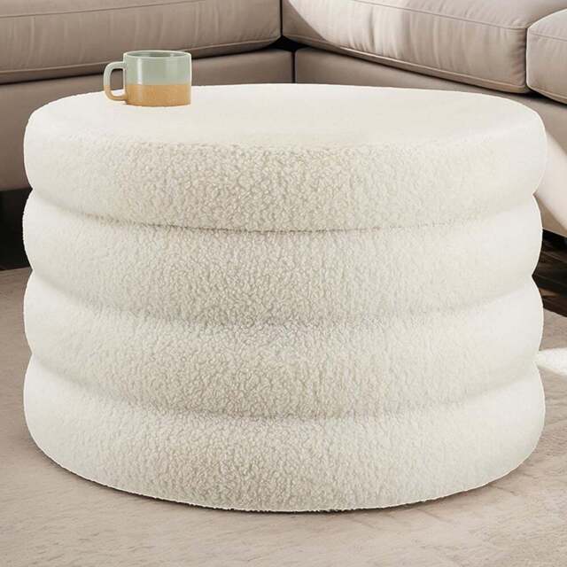 tectake Altu XL Cream White Boucle Storage Footstool - Size: 42 x 67 x 67cm - Wilko - image 1