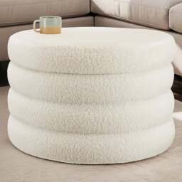 tectake Altu XL Cream White Boucle Storage Footstool - Size: 42 x 67 x 67cm - Wilko