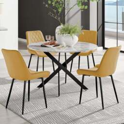 Furniturebox Arona Cesano Marble Effect 4 Seater Dining Set White Black and Mustard - Yellow - Wilko - thumbnail 1