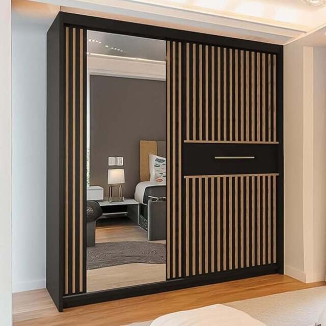Sliding Wardrobes 4U 2 Sliding Door Black Modern Wide Oak Striped Mirrored Wardrobe 203cm - Size: 2 Door - Wilko - image 1