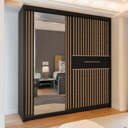 Sliding Wardrobes 4U 2 Sliding Door Black Modern Wide Oak Striped Mirrored Wardrobe 203cm - Size: 2 Door - Wilko