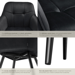 tectake Marilyn Black Quilted Velvet Dining Chair with Armrest - Size: Single - Wilko - thumbnail 6