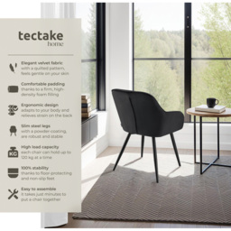 tectake Marilyn Black Quilted Velvet Dining Chair with Armrest - Size: Single - Wilko - thumbnail 7