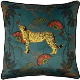 Paoletti Teal Tropical Cheetah Velvet Touch Piped Cushion - Size: 45 x 45 cm - Multi - Wilko - thumbnail 1