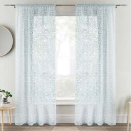 Tyrone Textiles Willow Blue Leaf Print Linen Look Rod Pocket Voile Panel Curtains 140 x 137cm - Size: W 140 x D 137cm - Wilko - thumbnail 1