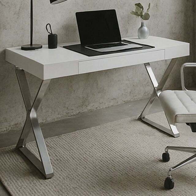 Centurion Supports Adonis Single Drawer Computer Desk with Leather Pad Gloss White and Chrome - Size: 75.5 x 120 x 55cm - Wilko - image 1