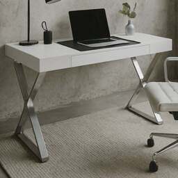 Centurion Supports Adonis Single Drawer Computer Desk with Leather Pad Gloss White and Chrome - Size: 75.5 x 120 x 55cm - Wilko