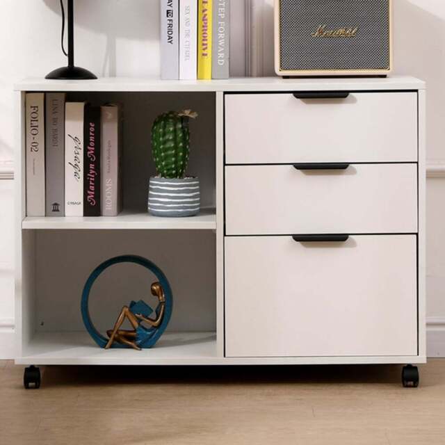 MMT Furniture Designs 3 Drawer 2 Shelf White Under Desk Storage Cabinet - Size: 65 x 35 x 40cm - Wilko - image 1