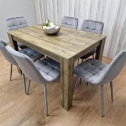 Portland 6 Seater Velvet Dining Set Rustic Effect and Grey - Multi - Wilko