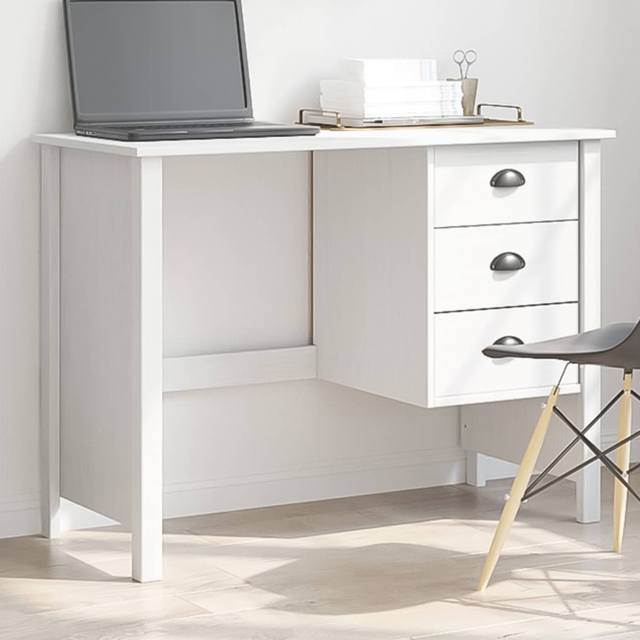 vidaXL Hill 3 Drawer Compact Pine Wood Home Desk White - Size: 74 x 100 x 45cm - Wilko - image 1